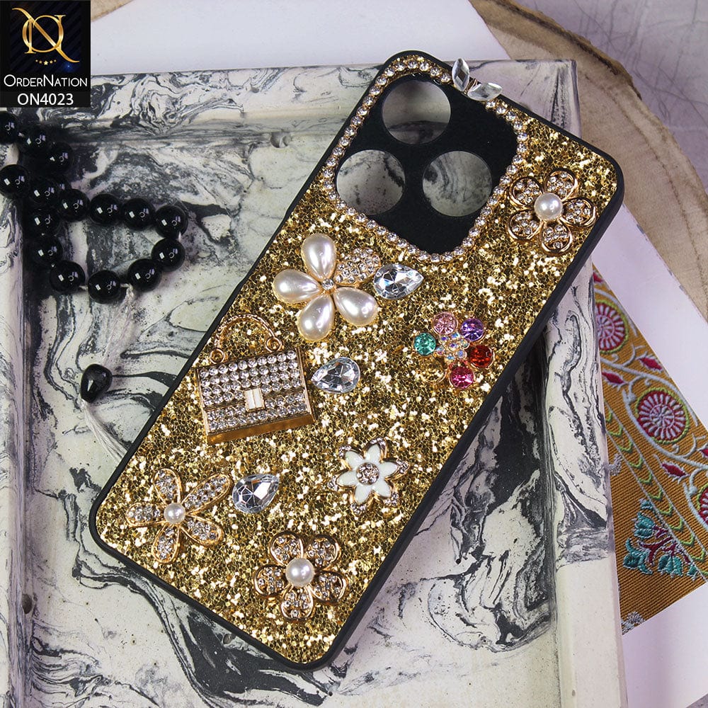 Tecno Spark 10 Cover - Golden - New Bling Bling Sparkle 3D Flowers Shiny Glitter Texture Protective Case