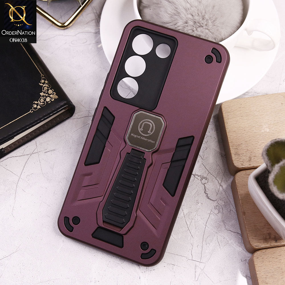 Vivo V30 Lite 4G Cover - Burgundy - Luxury Hybrid Shockproof Magnet Adsorption Stand Case