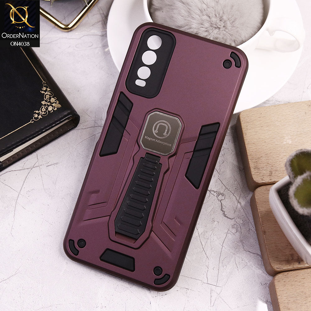 Vivo Y20i Cover - Burgundy - Luxury Hybrid Shockproof Magnet Adsorption Stand Case