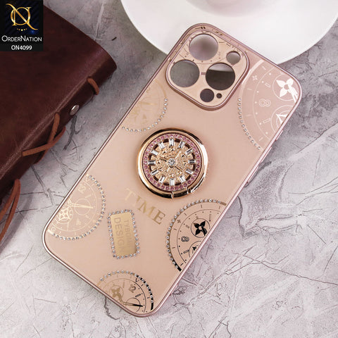 iPhone 15 Pro - Light Gold -  Bling Shiny Back Shell Soft Round Borders Camera Protection Case With Ring Holder