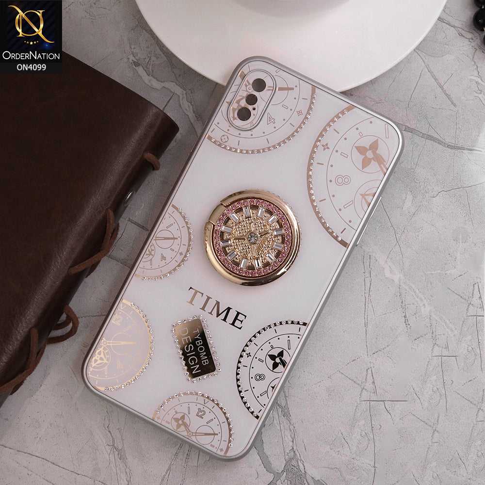 iPhone XS / X Cover - White - Bling Shiny Back Shell Soft Round Borders Camera Protection Case With Ring Holder