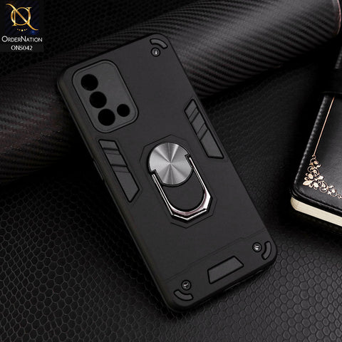 Oppo A74 Cover - Black - New Dual PC + TPU Hybrid Style Protective Soft Border Case With Kickstand Holder