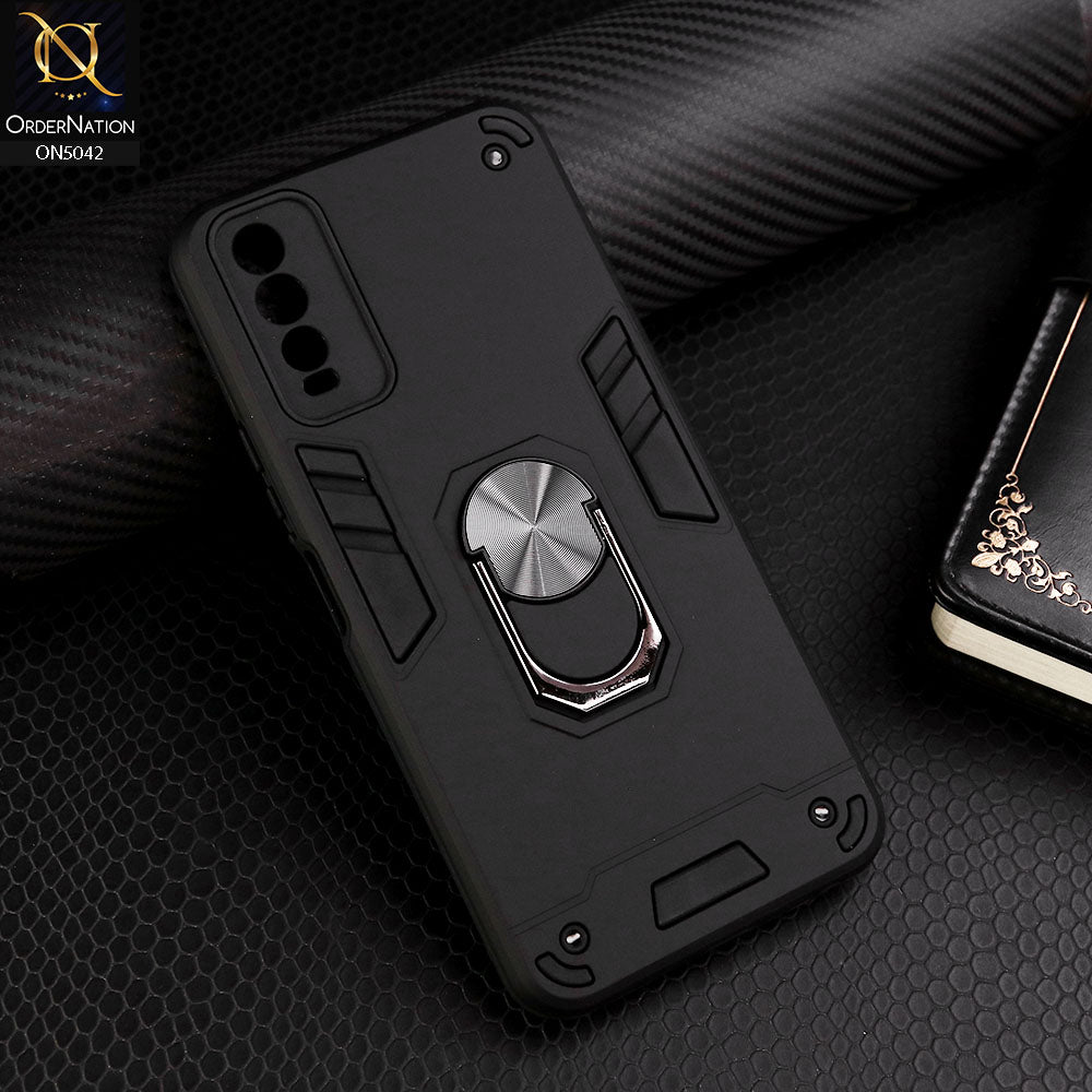 Vivo Y20T Cover - Black - New Dual PC + TPU Hybrid Style Protective Soft Border Case With Kickstand Holder