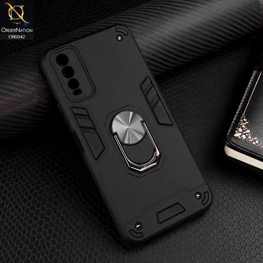 Vivo Y20a Cover - Black - New Dual PC + TPU Hybrid Style Protective Soft Border Case With Kickstand Holder