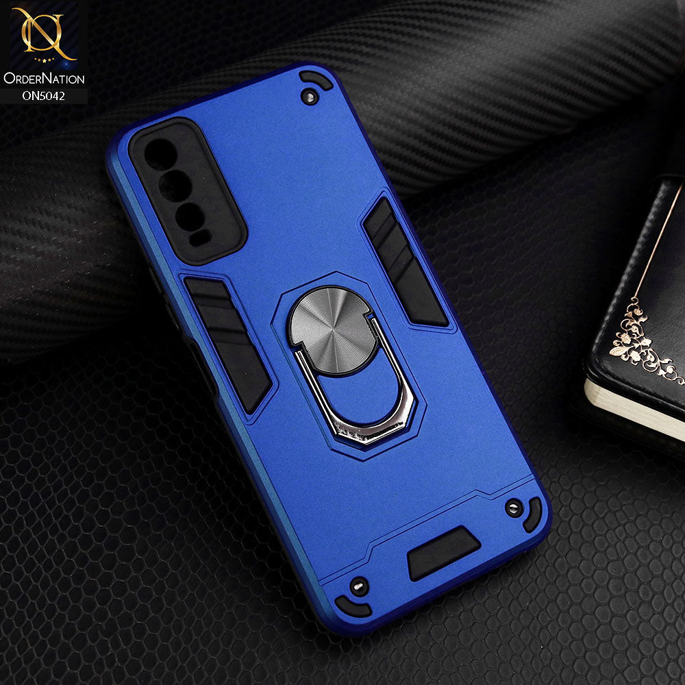 Vivo Y12s Cover - Blue - New Dual PC + TPU Hybrid Style Protective Soft Border Case With Kickstand Holder