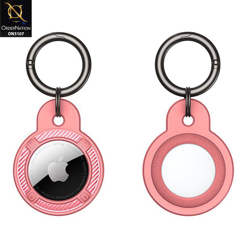 Apple Airtag Cover - Pink - Carbon Fiber Texture Round Keychain Holder Anti Lost Shockproof Protective Case (Apple Tag Not Included)