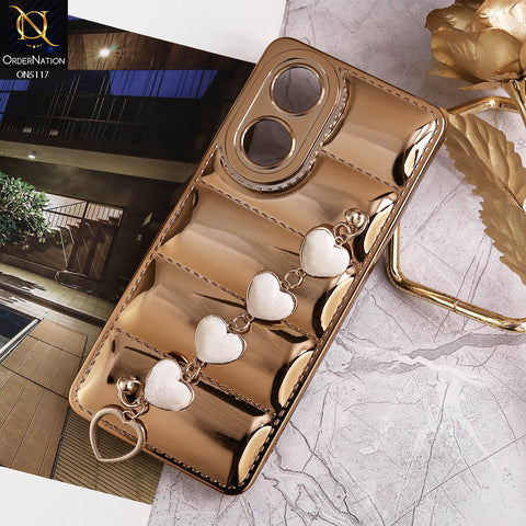 Oppo A58 4G Cover - Golden - Cute Trendy Color Electroplating Stitched Coushion Style Soft Case with Loce Heart Chain Holder