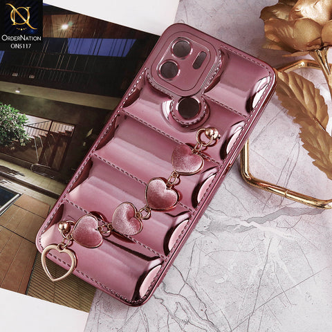 Xiaomi Poco C50 Cover - Rose Gold - Cute Trendy Color Electroplating Stitched Coushion Style Soft Case with Loce Heart Chain Holder