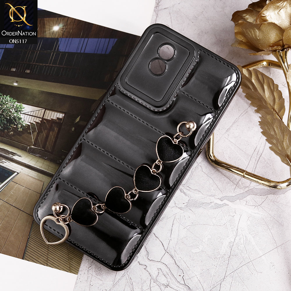 Vivo Y02t Cover - Black - Cute Trendy Color Electroplating Stitched Coushion Style Soft Case with Loce Heart Chain Holder