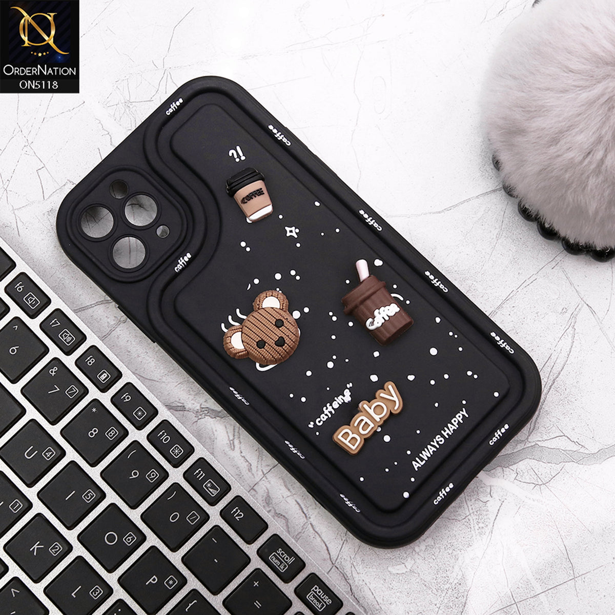 iPhone 12 Pro Cover - Black - Cute 3D Cartoon Coffee Soft Silicon Case With Camera Protection