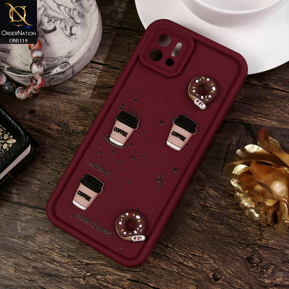 Oppo A16e Cover - Maroon - Design 1 - Cute 3D Donut Coffee Soft Silicon Case with Camera Protection