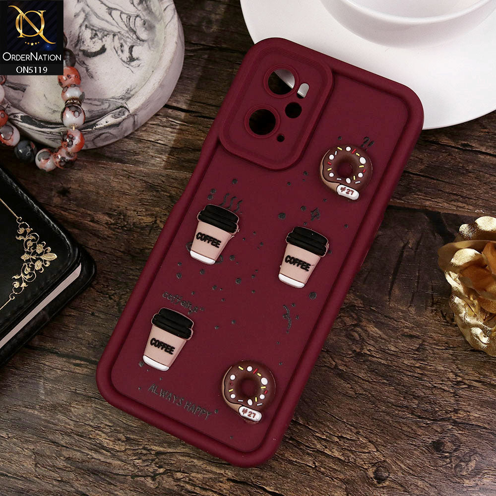 Oppo A76 Cover - Maroon - Design 1 - Cute 3D Donut Coffee Soft Silicon Case with Camera Protection