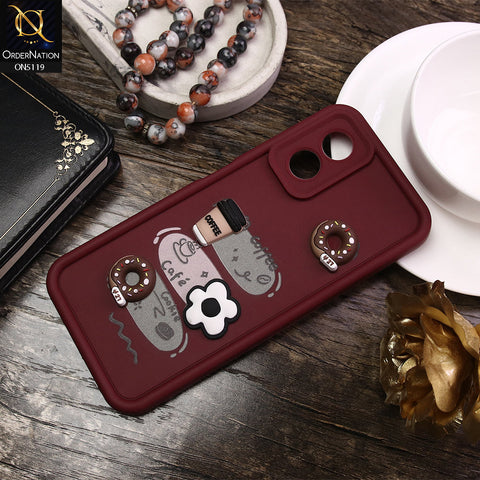 Oppo A18 Cover - Maroon - D2 - Cute 3D Donut Coffee Soft Silicon Case with Camera Protection