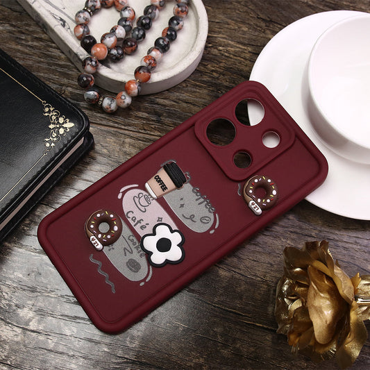 Xiaomi Redmi Note 13 Cover - Maroon - D2 - Cute 3D Donut Coffee Soft Silicon Case with Camera Protection