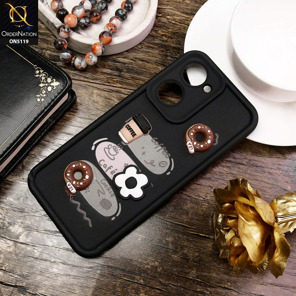 Vivo Y03 Cover - Black - D2 - Cute 3D Donut Coffee Soft Silicon Case with Camera Protection