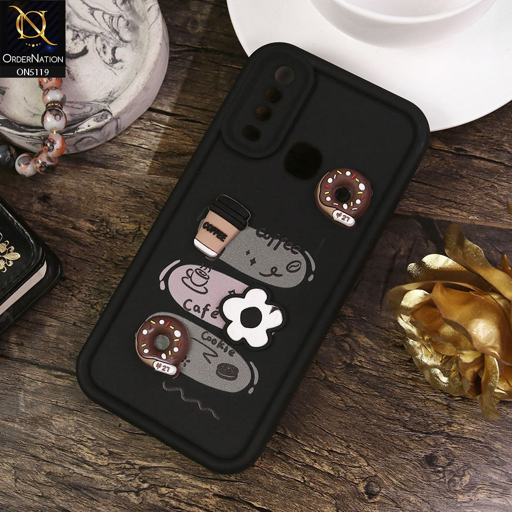 Vivo Y12 Cover - Black - Design 2 - Cute 3D Donut Coffee Soft Silicon Case with Camera Protection