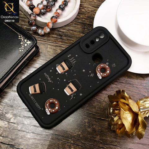 Vivo Y17 Cover - Black - D1 - Cute 3D Donut Coffee Soft Silicon Case with Camera Protection