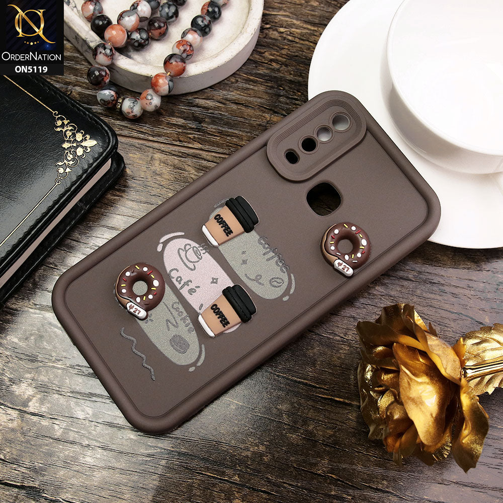 Vivo Y17 Cover - Brown - D2 - Cute 3D Donut Coffee Soft Silicon Case with Camera Protection