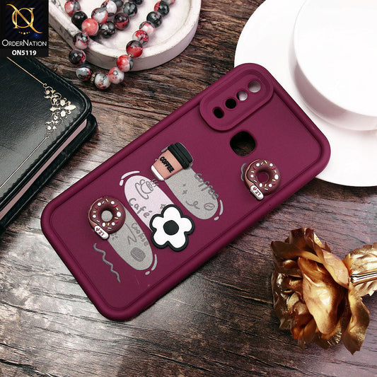 Vivo Y12 Cover - Maroon - D2 - Cute 3D Donut Coffee Soft Silicon Case with Camera Protection