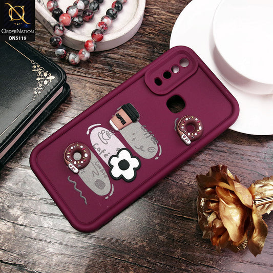 Vivo Y15 Cover - Maroon - D2 - Cute 3D Donut Coffee Soft Silicon Case with Camera Protection