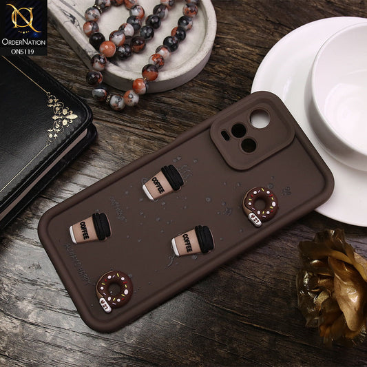 Vivo Y33s Cover - Brown - D1 - Cute 3D Donut Coffee Soft Silicon Case with Camera Protection