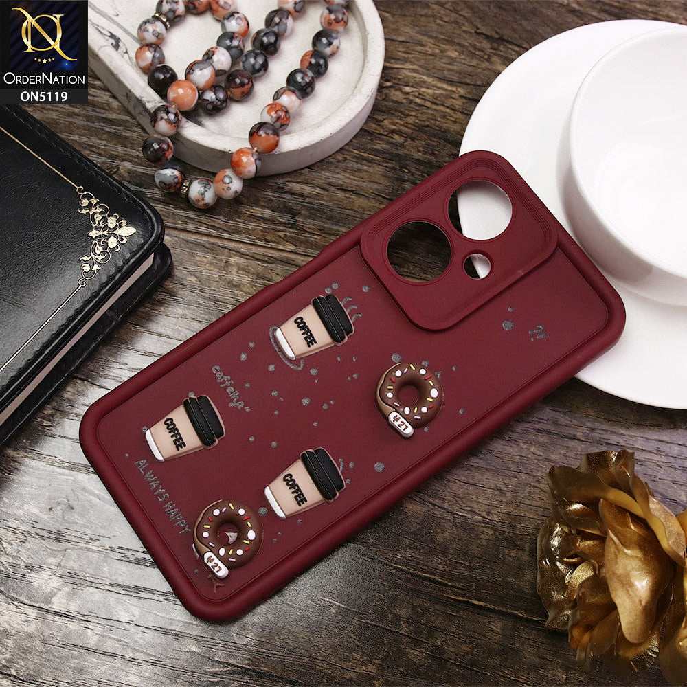 Vivo Y35 Plus Cover - Maroon - D1 - Cute 3D Donut Coffee Soft Silicon Case with Camera Protection