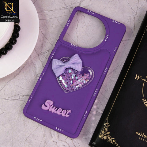 Tecno Camon 30 Cover - Purple - New Trendy Rich Boards With 3D Love Heart (Moving Shiny Stars Glitter) & Bow Candy Color Soft Silicon Case