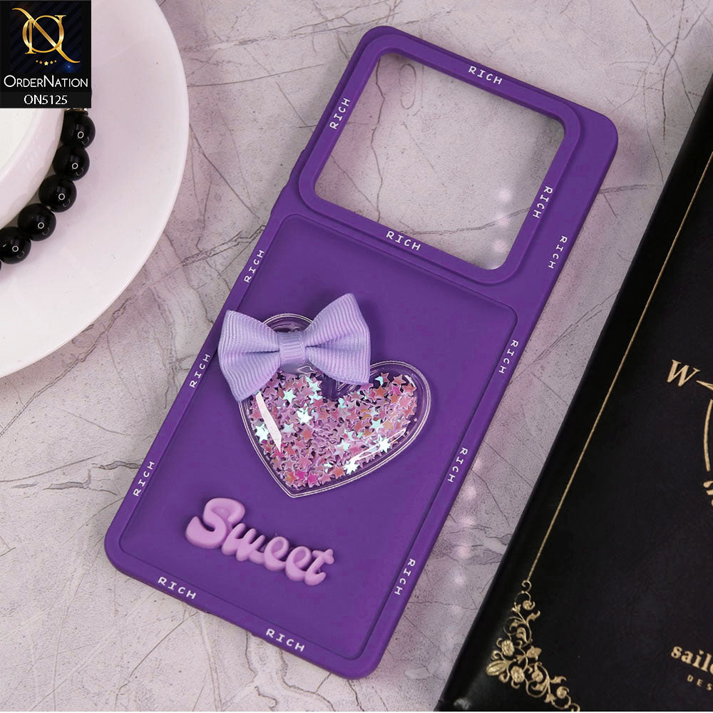 Infinix Note 40 Cover - Purple - New Trendy Rich Boards With 3D Love Heart (Moving Shiny Stars Glitter) & Bow Candy Color Soft Silicon Case