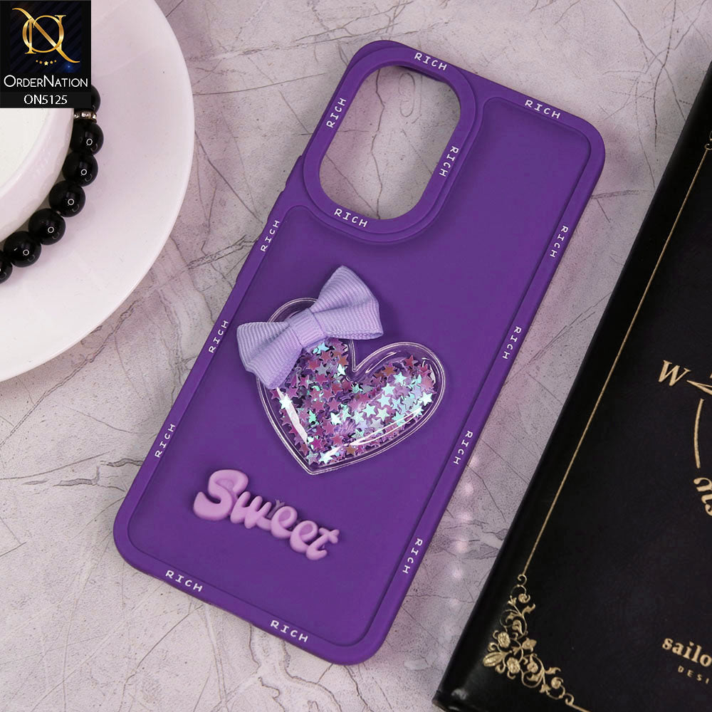 Vivo Y03 Cover - Purple - New Trendy Rich Boards With 3D Love Heart (Moving Shiny Stars Glitter) & Bow Candy Color Soft Silicon Case