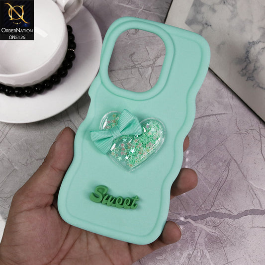 Tecno Camon 20 Cover - Aqua - New Trendy 3D Love Heart (Moving Shiny Stars Glitter) & Bow Sweet Candy Color Soft Silicon Case