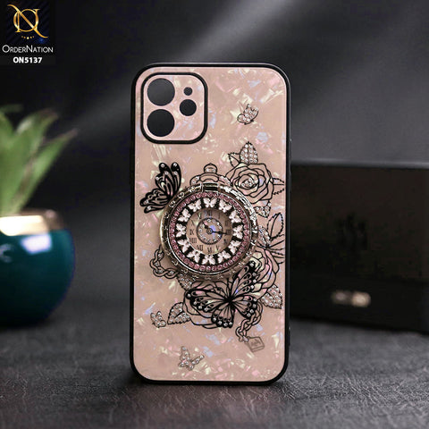 iPhone 12 Cover - Golden - TYBOMB Luxury Shiny Glass Butterfly Bling Diamond Metal Holder Soft Border Case