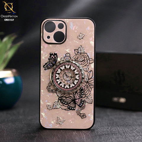 iPhone 14 Cover - Golden - TYBOMB Luxury Shiny Glass Butterfly Bling Diamond Metal Holder Soft Border Case