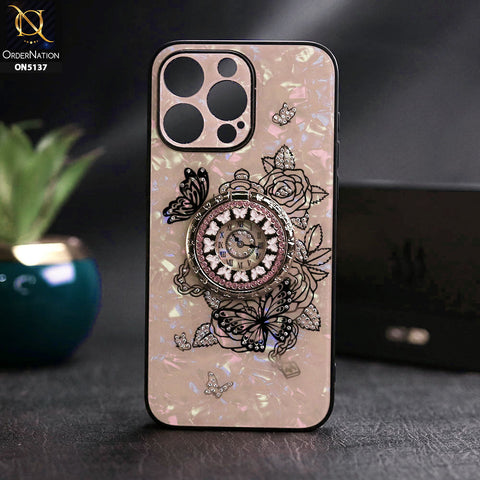 iPhone 15 Pro Max Cover - Golden - TYBOMB Luxury Shiny Glass Butterfly Bling Diamond Metal Holder Soft Border Case