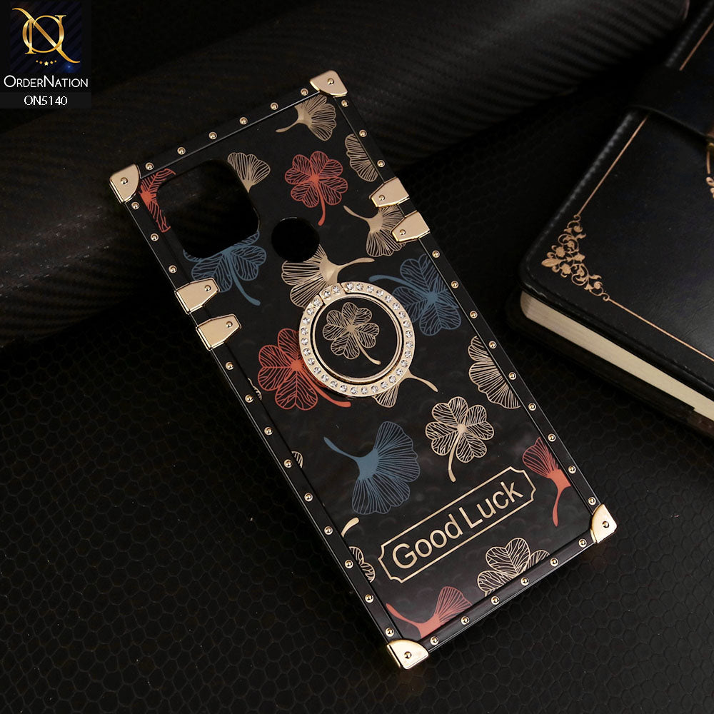 Oppo A15 Cover - Black - Trendy Style Good Luck Floral Square Trunk Soft Case With Holder