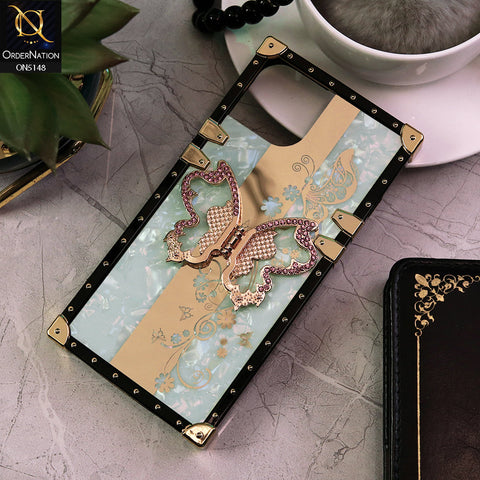 iPhone 13 Cover - Aqua -  Luxury Shiny Rhinestone Butterfly Electroplated Square Trunk Soft Case