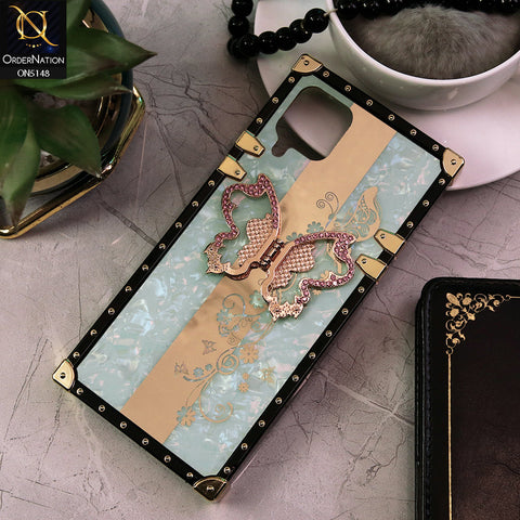 Samsung Galaxy A12 Cover - Aqua -  Luxury Shiny Rhinestone Butterfly Electroplated Square Trunk Soft Case