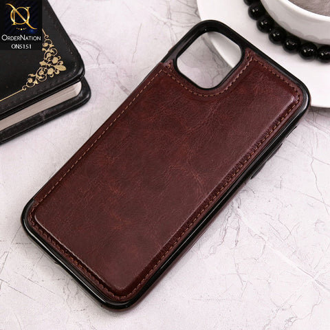 iPhone 11 Cover - Brown - Luxury PU Leather Card Holder Wallet Soft Case