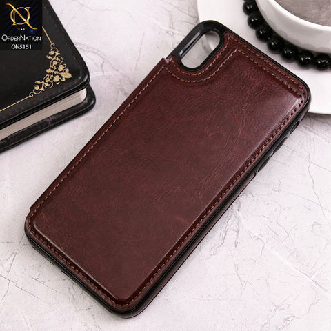 iPhone XR Cover - Brown - Luxury PU Leather Card Holder Wallet Soft Case