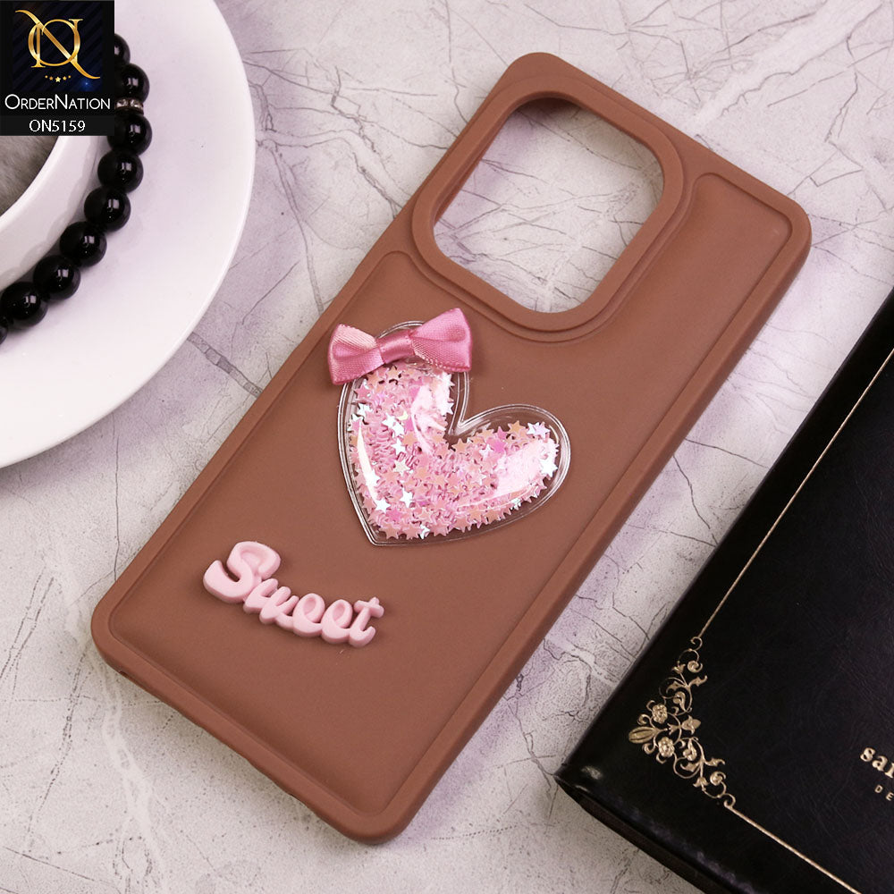 Tecno Camon 20 Pro Cover - Brown - New Trendy 3D Love Heart (Moving Shiny Stars Glitter) & Bow Candy Color Soft Silicon Case