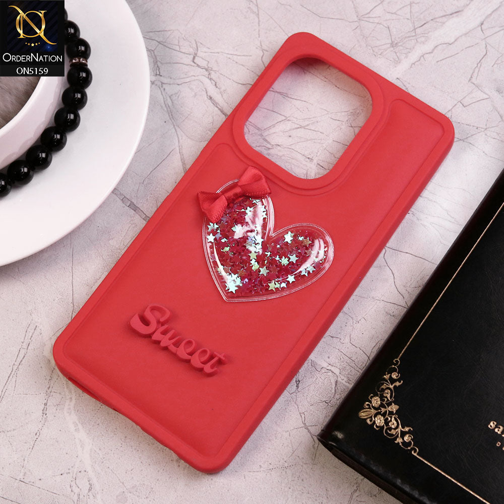 Tecno Camon 20 Cover - Red - New Trendy 3D Love Heart (Moving Shiny Stars Glitter) & Bow Candy Color Soft Silicon Case