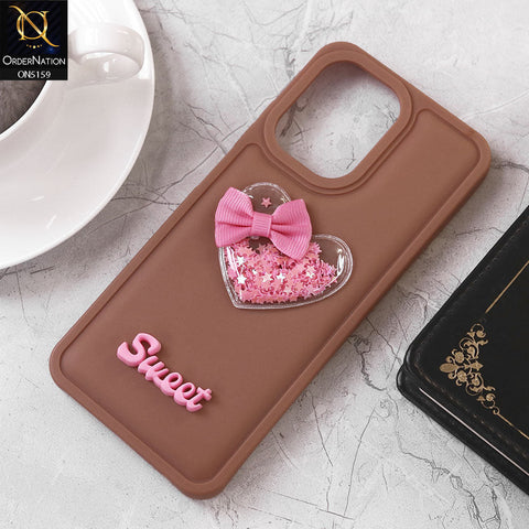 Infinix Hot 30 Play Cover - Brown - Design 2 - New Trendy 3D Love Heart (Moving Shiny Stars Glitter) & Bow Candy Color Soft Silicon Case