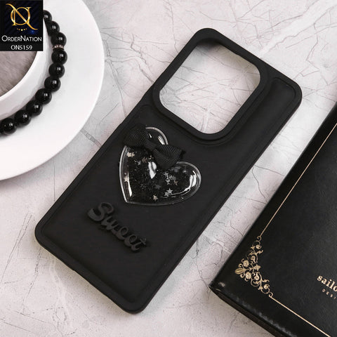 Infinix Hot 40 Pro Cover - Black - New Trendy 3D Love Heart (Moving Shiny Stars Glitter) & Bow Candy Color Soft Silicon Case