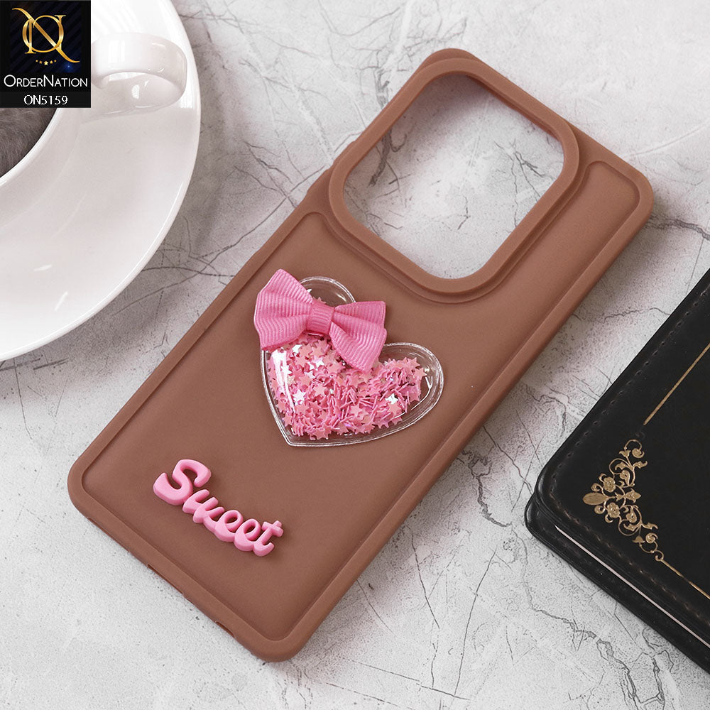 Infinix Hot 40 Cover - Brown - Design 2 - New Trendy 3D Love Heart (Moving Shiny Stars Glitter) & Bow Candy Color Soft Silicon Case