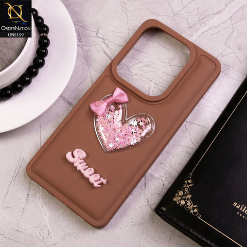 Infinix Hot 40 Cover - Brown - New Trendy 3D Love Heart (Moving Shiny Stars Glitter) & Bow Candy Color Soft Silicon Case