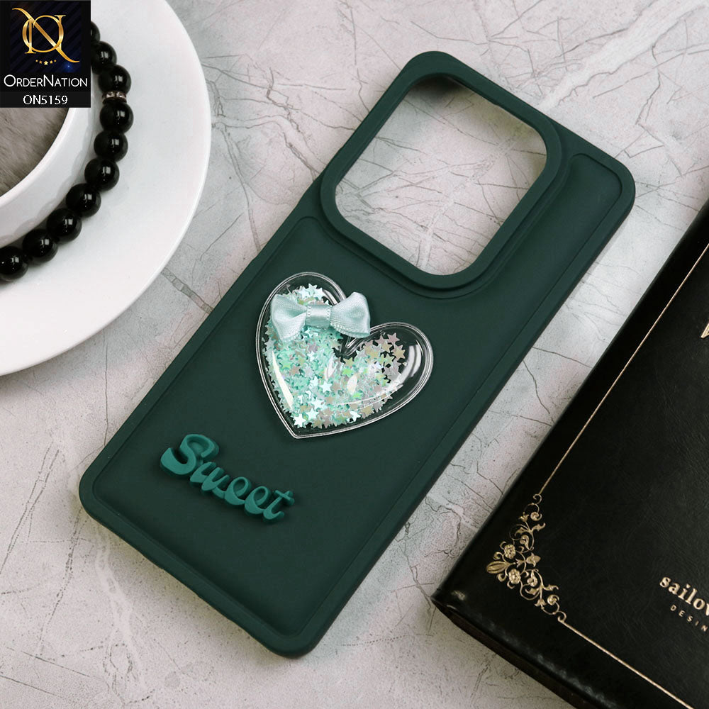 Infinix Hot 40 Cover - Green - New Trendy 3D Love Heart (Moving Shiny Stars Glitter) & Bow Candy Color Soft Silicon Case