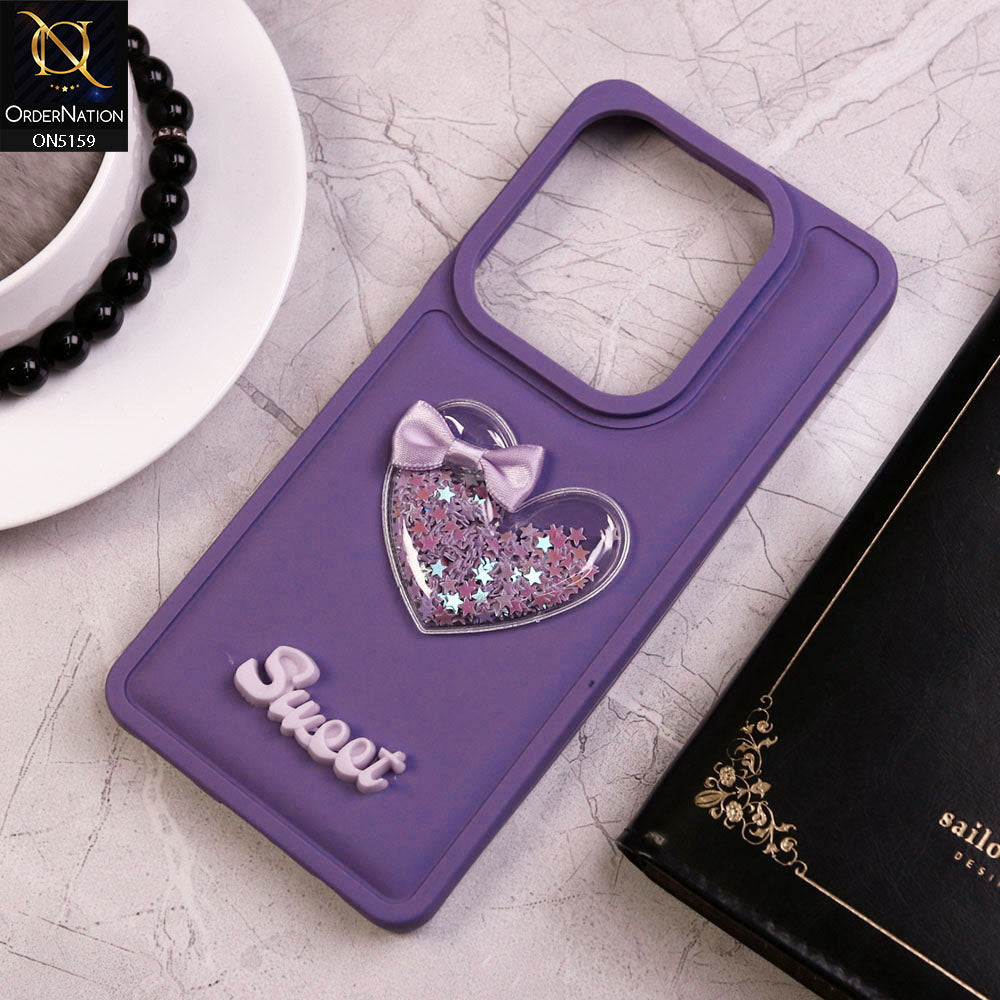 Infinix Hot 40 Cover - Purple - New Trendy 3D Love Heart (Moving Shiny Stars Glitter) & Bow Candy Color Soft Silicon Case