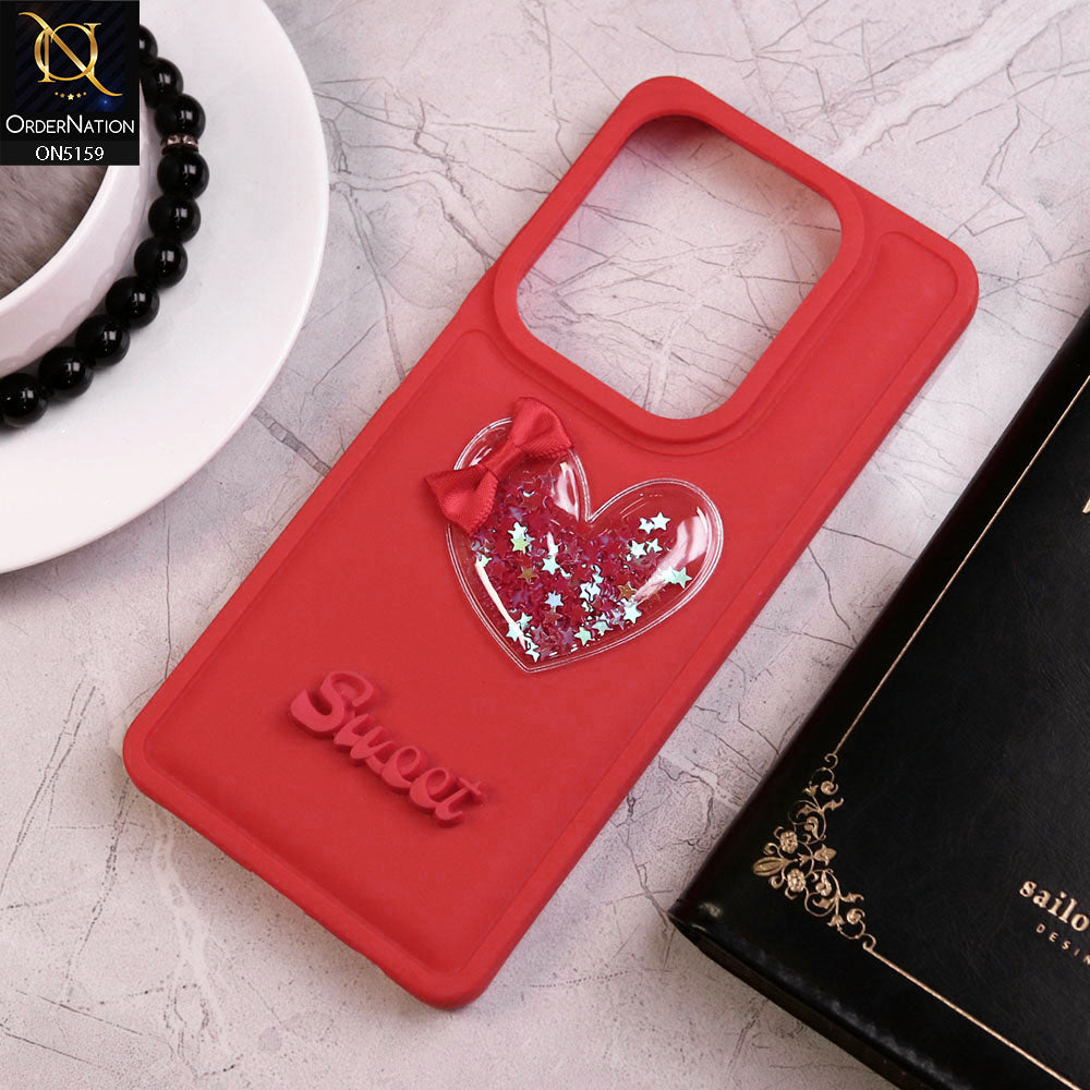 Infinix Hot 40 Cover - Red - New Trendy 3D Love Heart (Moving Shiny Stars Glitter) & Bow Candy Color Soft Silicon Case