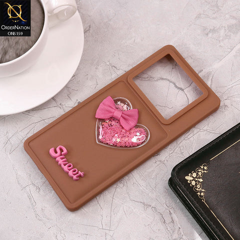 Infinix Note 40 Pro Cover - Brown - Design 2 - New Trendy 3D Love Heart (Moving Shiny Stars Glitter) & Bow Candy Color Soft Silicon Case