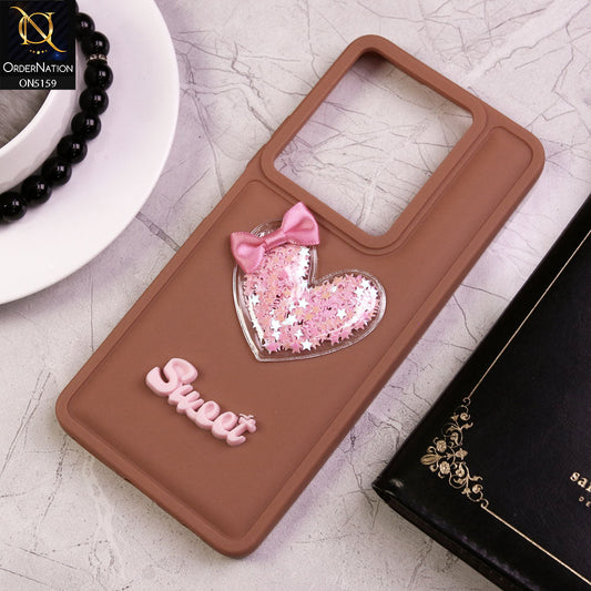 Infinix Note 30 Cover - Brown - New Trendy 3D Love Heart (Moving Shiny Stars Glitter) & Bow Candy Color Soft Silicon Case