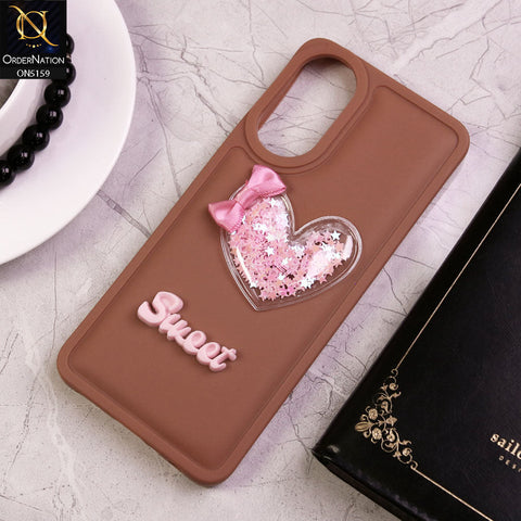 Oppo A38 Cover - Brown - New Trendy 3D Love Heart (Moving Shiny Stars Glitter) & Bow Candy Color Soft Silicon Case